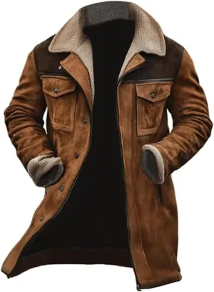 Vintage Suede Pocket Plush Reversed Collar Mens Outdoor Jacket Coat Retro Fashion Tops Warm Winter Shacket Outerwear