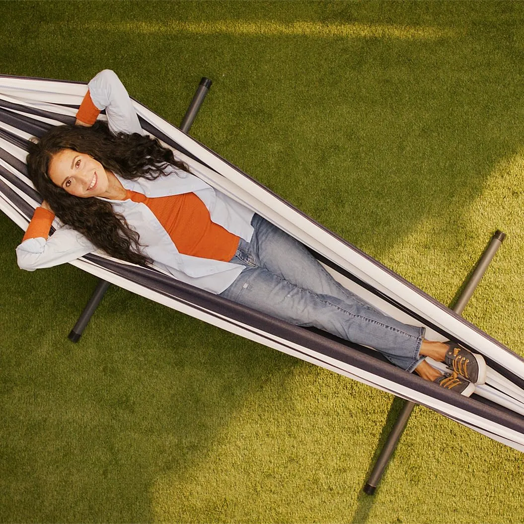 Vivere Double Sunbrella Hammock with Space Saving Steel Stand, 450 lb Capacity - Premium Carry Bag Included (Harbor)