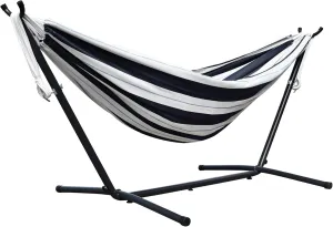 Vivere Double Sunbrella Hammock with Space Saving Steel Stand, 450 lb Capacity - Premium Carry Bag Included (Harbor)