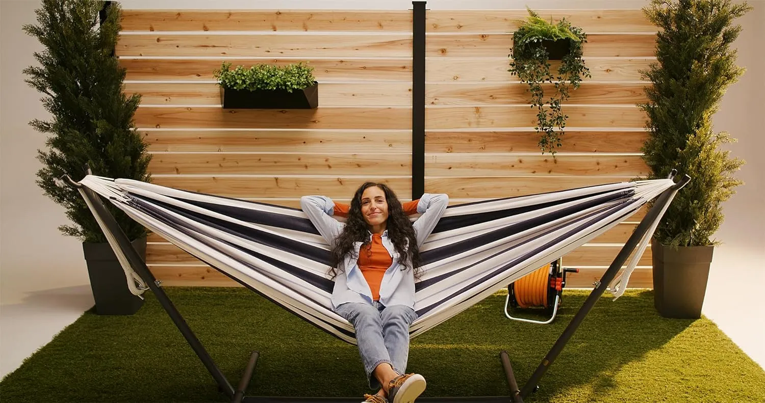 Vivere Double Sunbrella Hammock with Space Saving Steel Stand, 450 lb Capacity - Premium Carry Bag Included (Harbor)