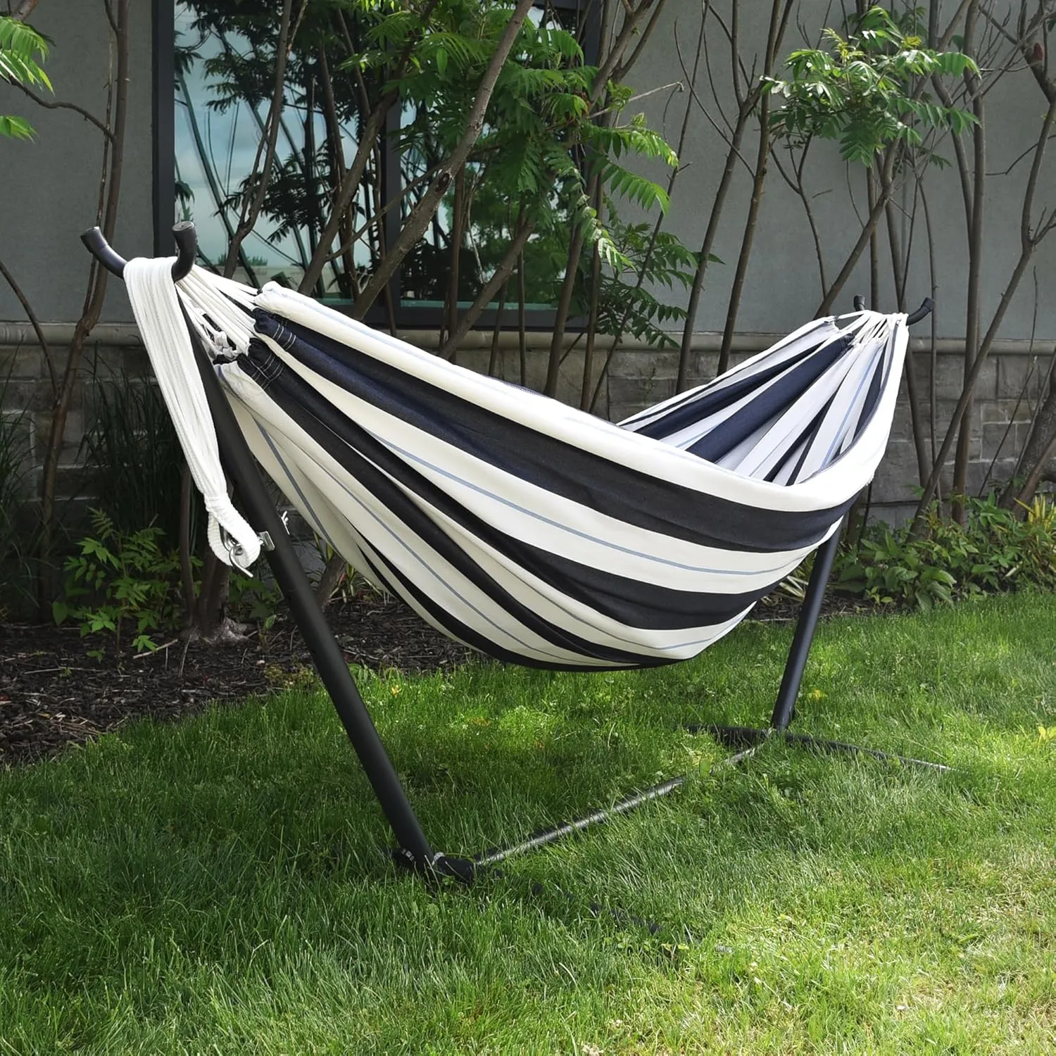 Vivere Double Sunbrella Hammock with Space Saving Steel Stand, 450 lb Capacity - Premium Carry Bag Included (Harbor)