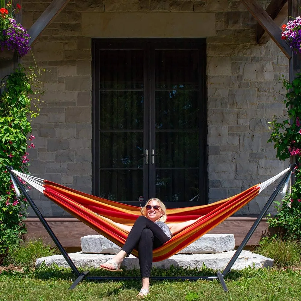 Vivere Double Sunbrella Hammock with Space Saving Steel Stand, 450 lb Capacity - Premium Carry Bag Included (Sunset)