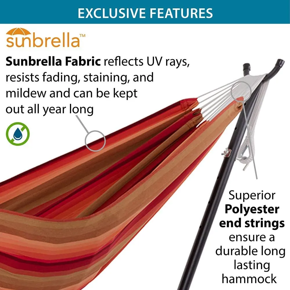 Vivere Double Sunbrella Hammock with Space Saving Steel Stand, 450 lb Capacity - Premium Carry Bag Included (Sunset)