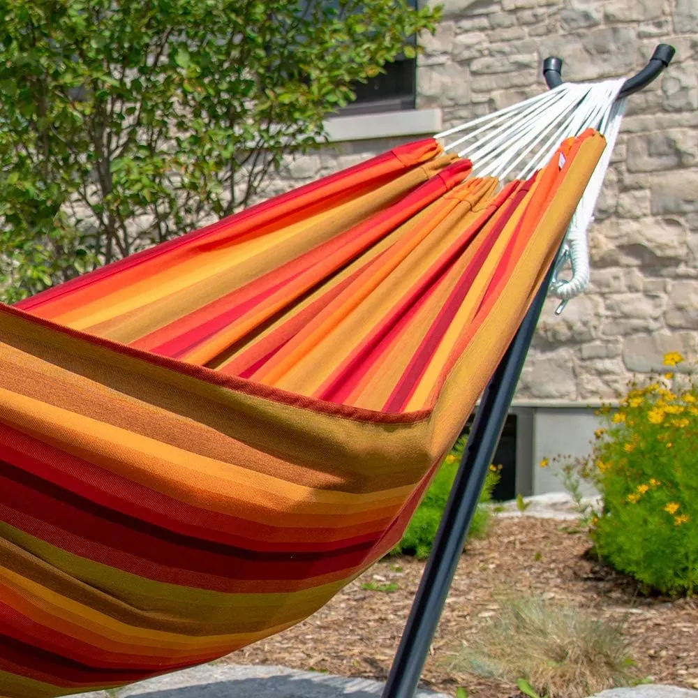 Vivere Double Sunbrella Hammock with Space Saving Steel Stand, 450 lb Capacity - Premium Carry Bag Included (Sunset)