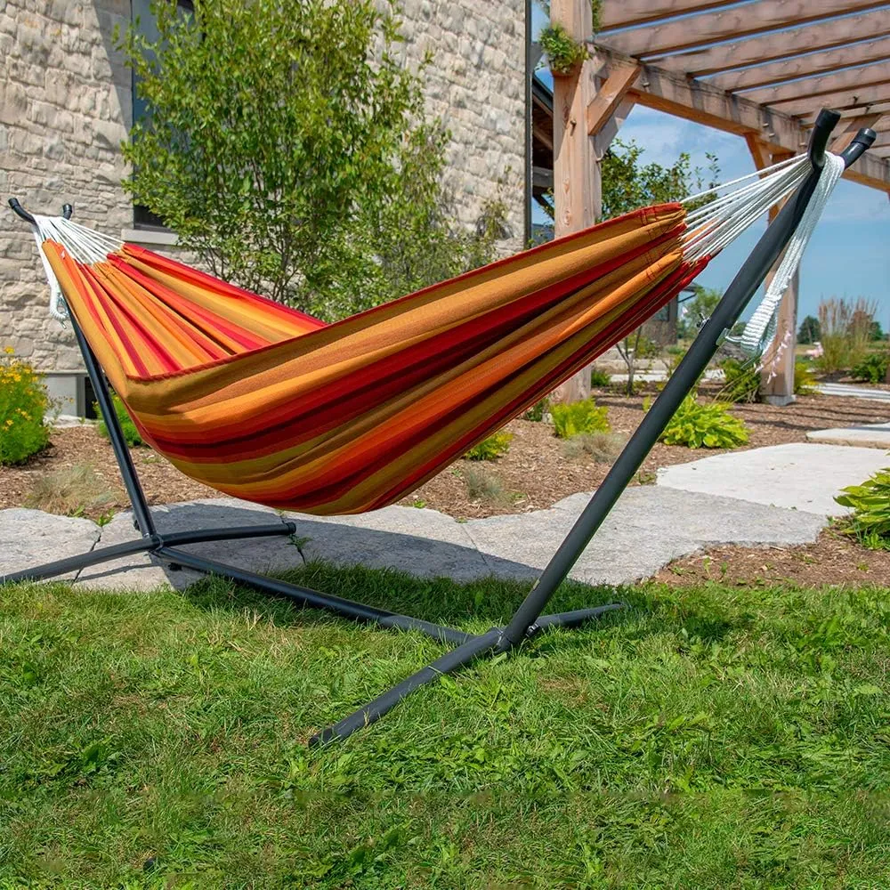 Vivere Double Sunbrella Hammock with Space Saving Steel Stand, 450 lb Capacity - Premium Carry Bag Included (Sunset)