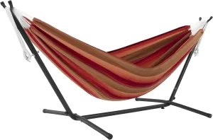 Vivere Double Sunbrella Hammock with Space Saving Steel Stand, 450 lb Capacity - Premium Carry Bag Included (Sunset)