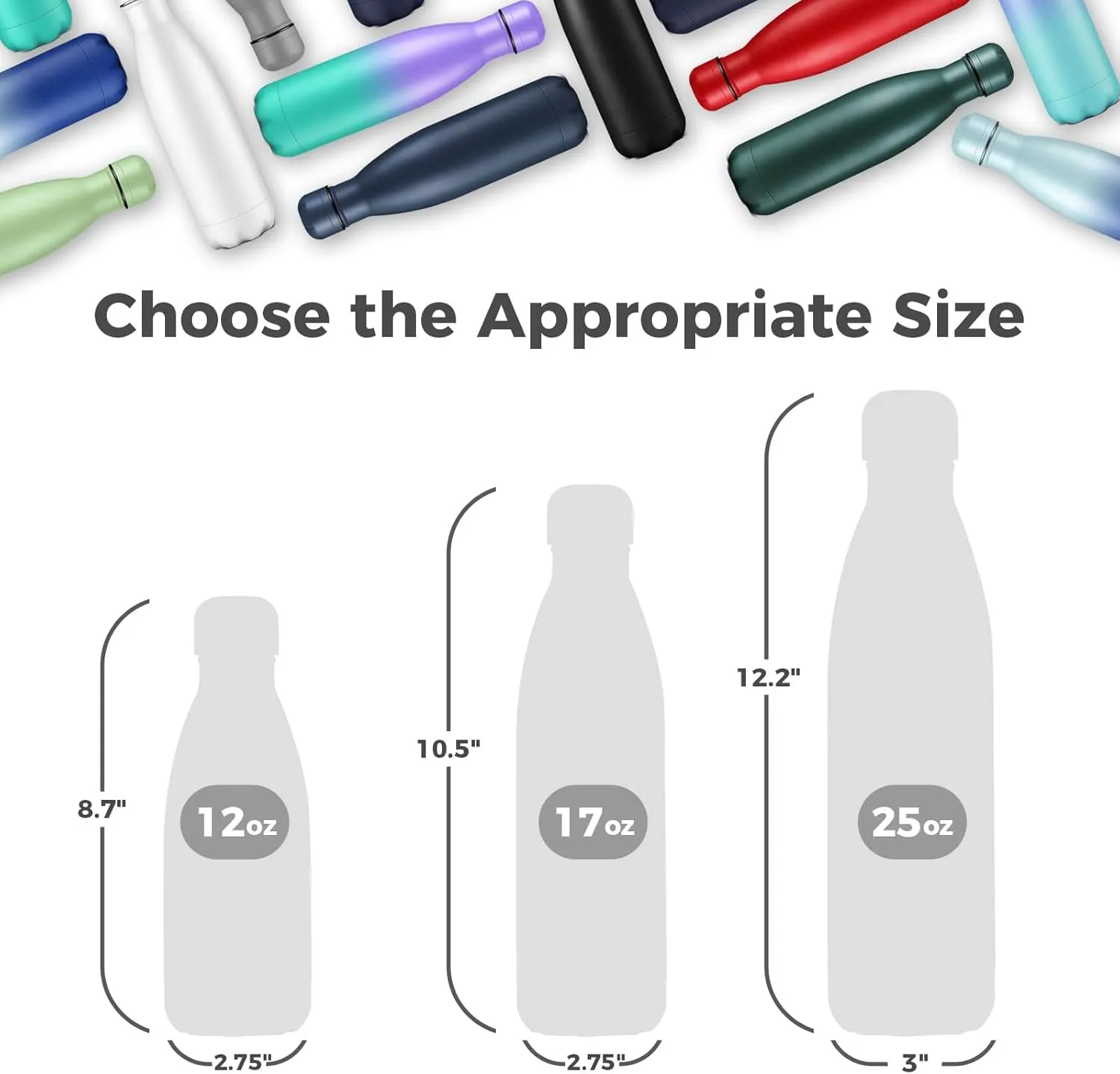 Volhoply 17oz Insulated Water Bottles Bulk, Stainless Steel Vacuum Bottle Metal Water Flask, Available in Packs of 1, 4, 8, or 12（Gray,12 Pack）