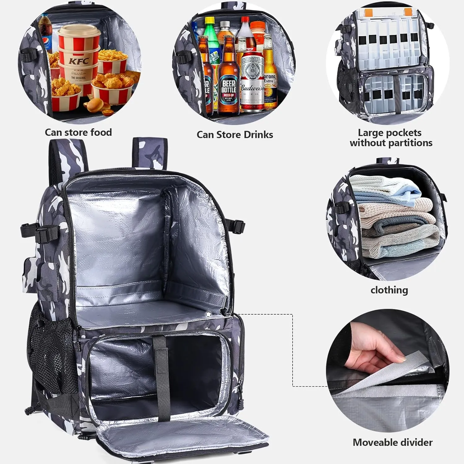 Vomgomfom 37L Fishing Backpack with Fully Waterproof Insulated Lining,Military Survival Molle Back Pack with Laptop Compartment,Black Camouflage
