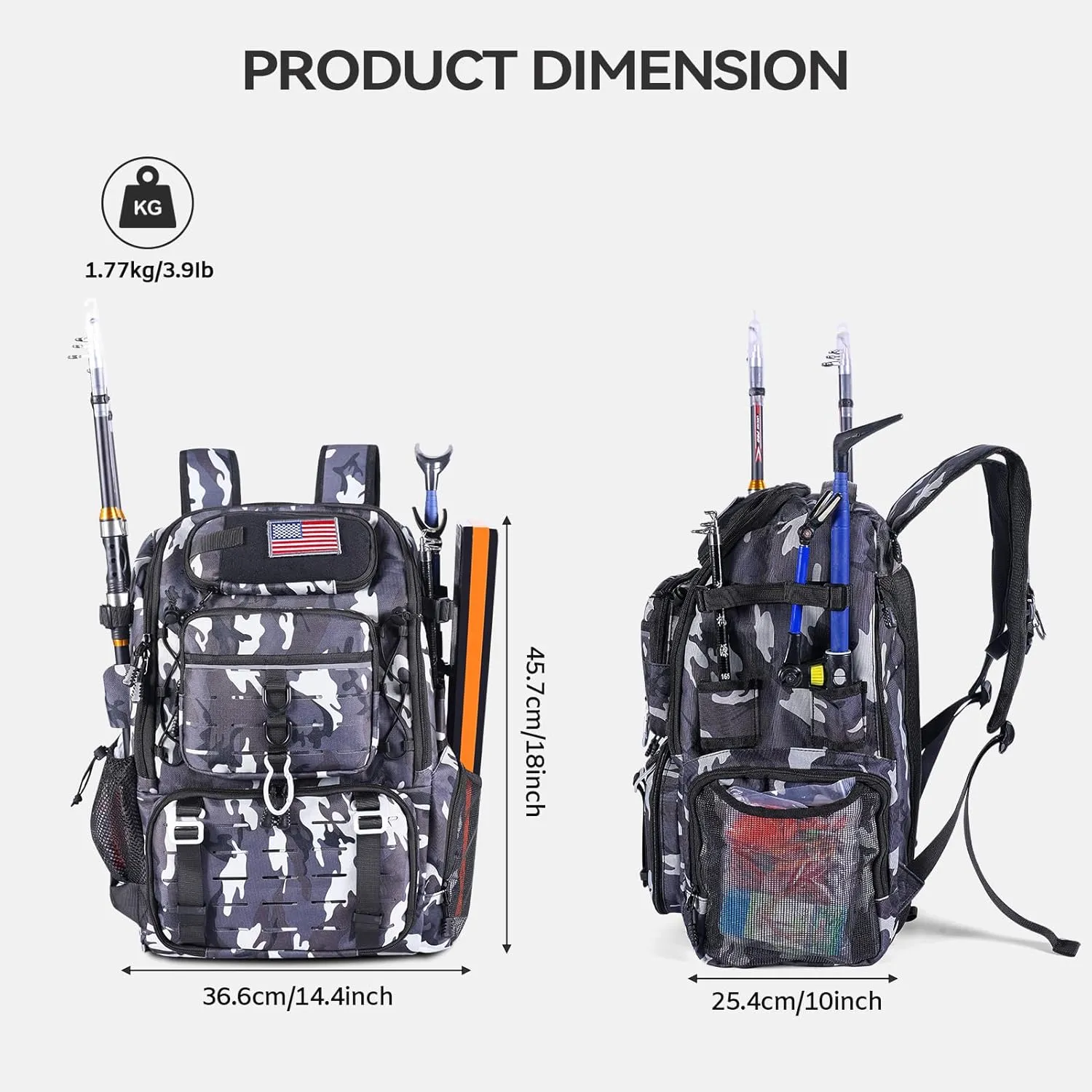 Vomgomfom 37L Fishing Backpack with Fully Waterproof Insulated Lining,Military Survival Molle Back Pack with Laptop Compartment,Black Camouflage