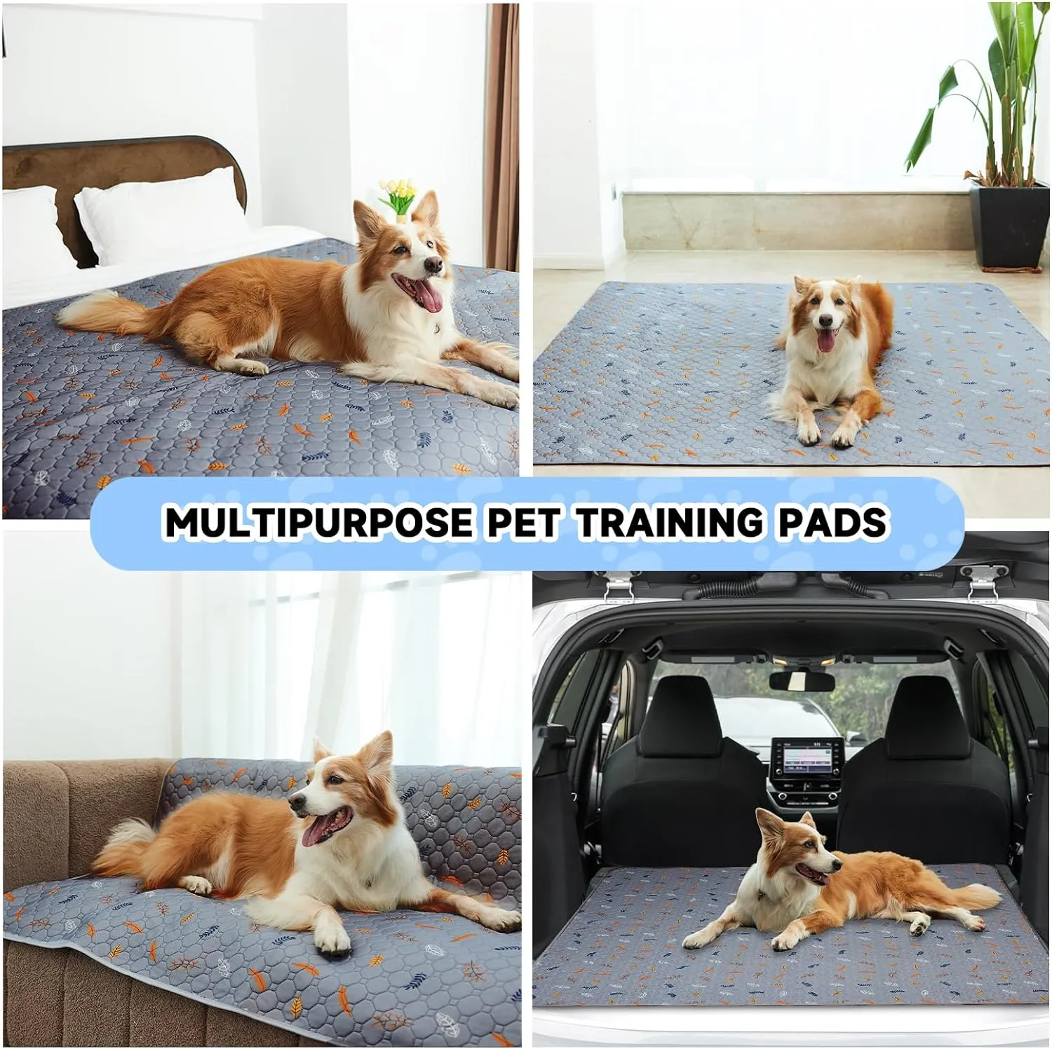 Washable Pee Pads for Dogs 2-Pack Reusable Puppy Pads Pet Training Pads, Waterproof Dog Pee Pads for Crate, Whelping Pad, Non-Slip Protects Against Urine Leakage (Leaves - Light Grey, 31x36)