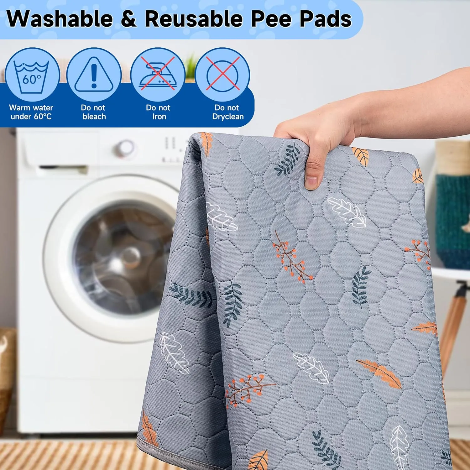 Washable Pee Pads for Dogs 2-Pack Reusable Puppy Pads Pet Training Pads, Waterproof Dog Pee Pads for Crate, Whelping Pad, Non-Slip Protects Against Urine Leakage (Leaves - Light Grey, 31x36)