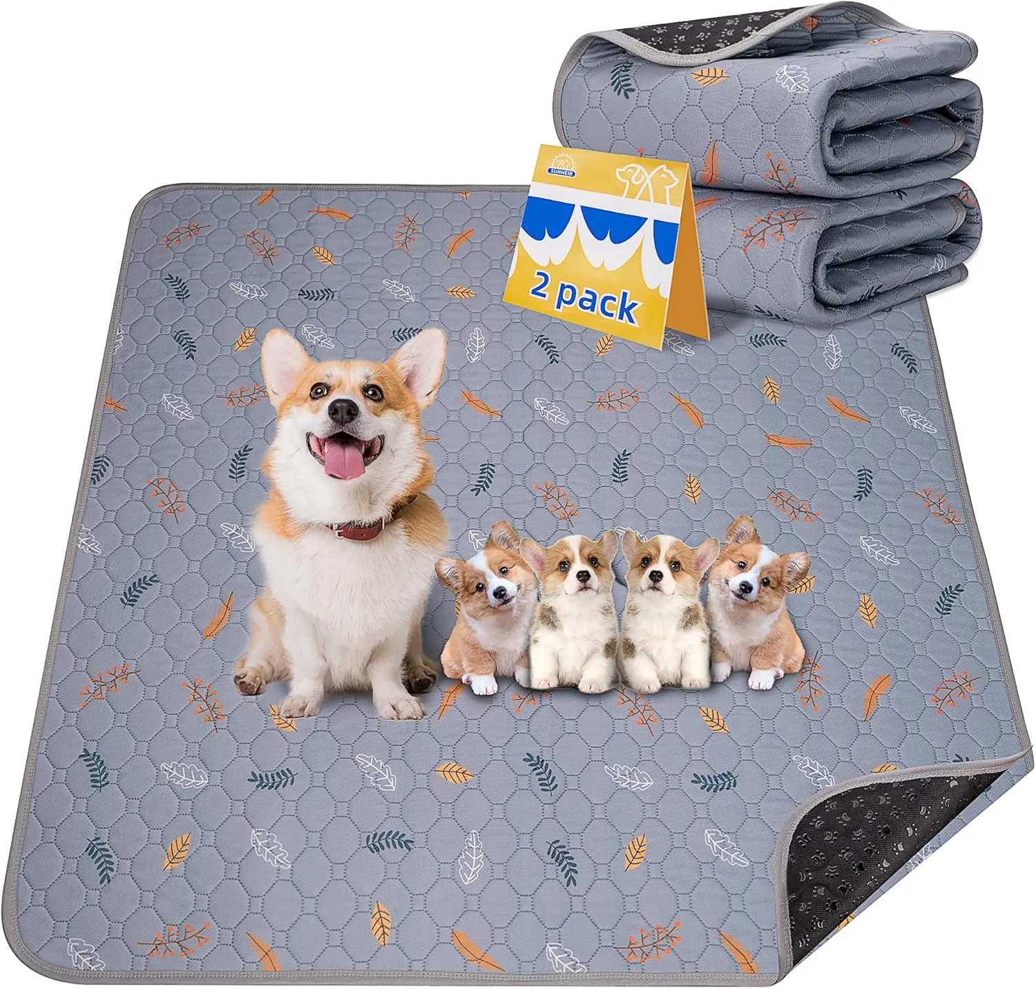 Washable Pee Pads for Dogs 2-Pack Reusable Puppy Pads Pet Training Pads, Waterproof Dog Pee Pads for Crate, Whelping Pad, Non-Slip Protects Against Urine Leakage (Leaves - Light Grey, 31x36)