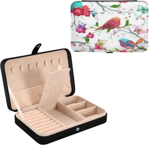 Watercolor Bird and Butterful PU Leather Travel Jewelry Organizer Case, Portable Jewellery Storage Holder Display for Ring Earrings Necklace Bracelet Bangle Watch Gift for Girl
