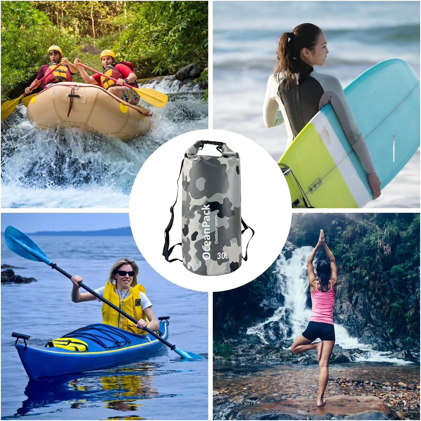 Waterproof Dry Bag 2L/5L/10L/20L/30L, Dry Sack for Kayaking Rafting Boating Beach Surfing Swimming, Camping, Hiking, Beach, Fishing Green Backpack with Waterproof Phone Case