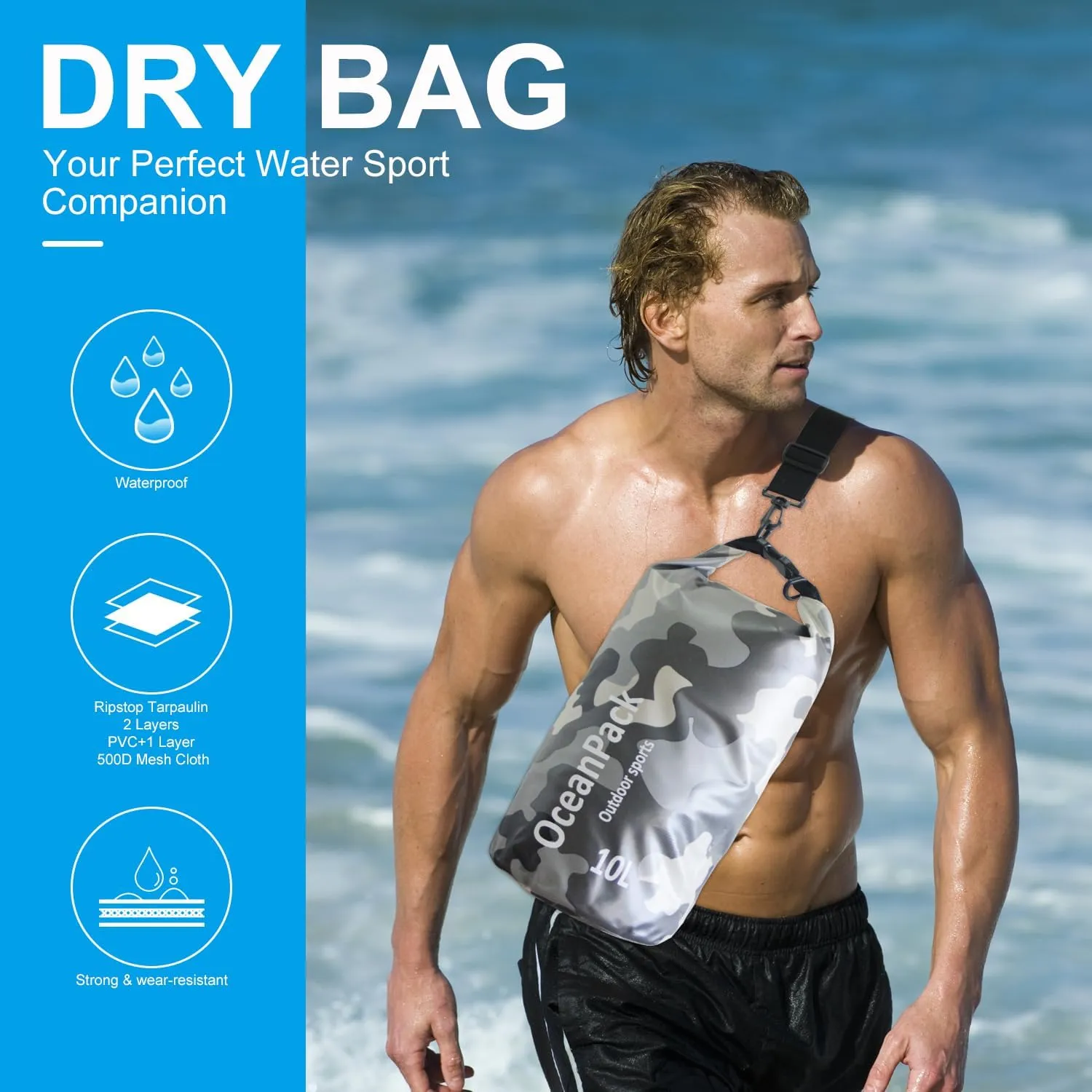 Waterproof Dry Bag 2L/5L/10L/20L/30L, Dry Sack for Kayaking Rafting Boating Beach Surfing Swimming, Camping, Hiking, Beach, Fishing Green Backpack with Waterproof Phone Case