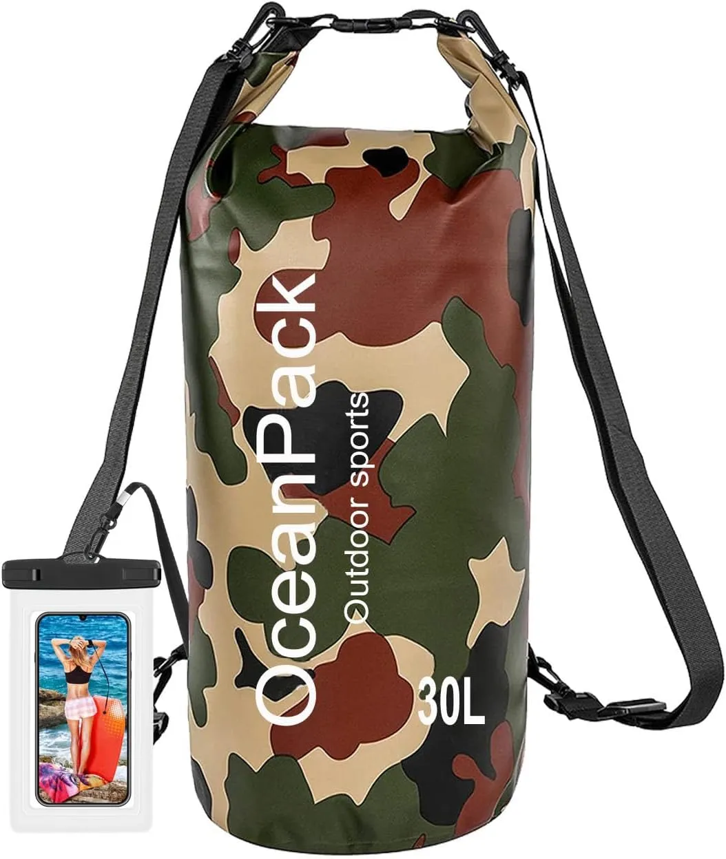 Waterproof Dry Bag 2L/5L/10L/20L/30L, Dry Sack for Kayaking Rafting Boating Beach Surfing Swimming, Camping, Hiking, Beach, Fishing Green Backpack with Waterproof Phone Case