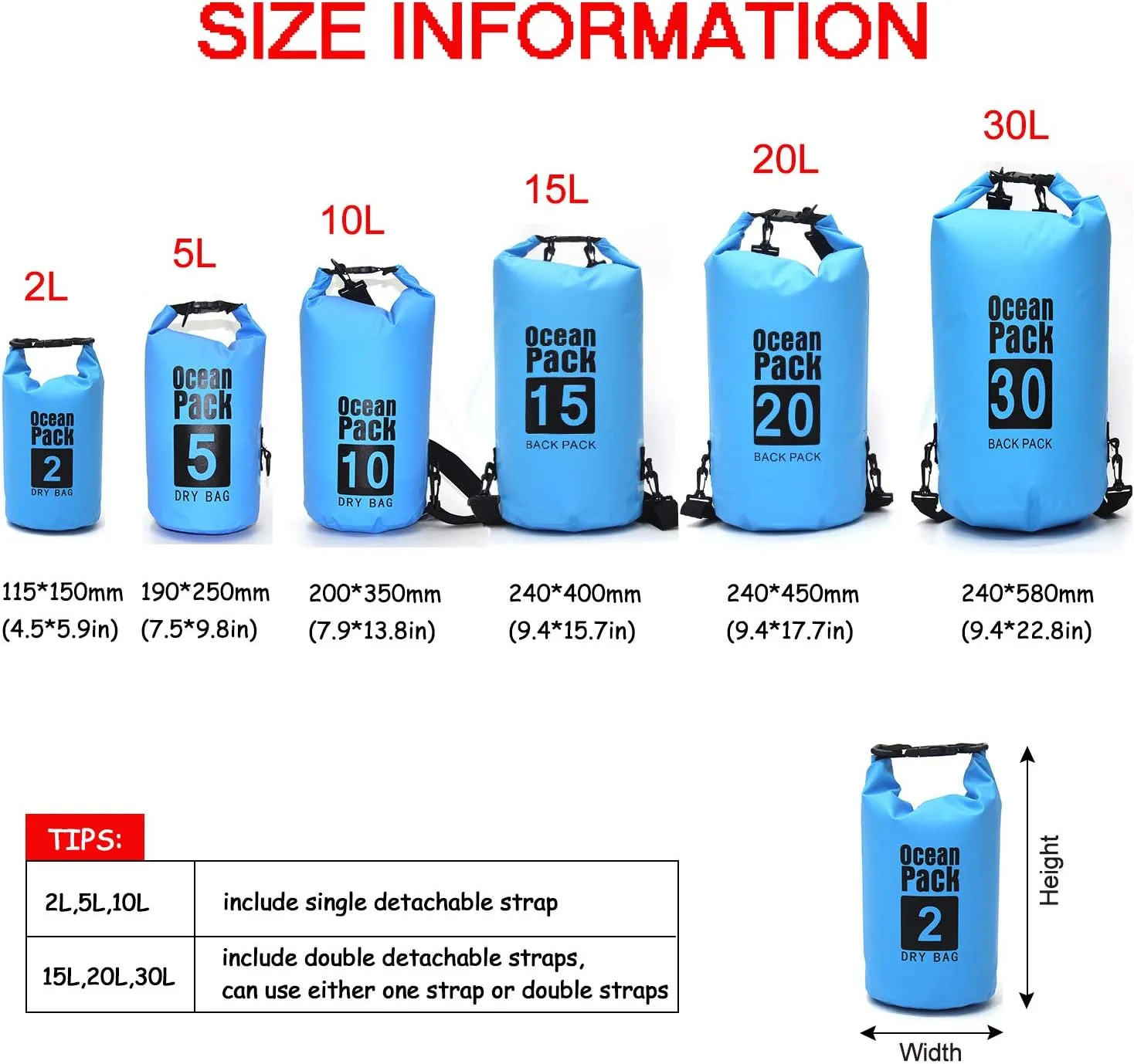 Waterproof Dry Bag with Phone Case, 2L/5L/10L/15L/20L/30L, Floating and Lightweight Bags for Kayaking, Rafting, Boating, Swimming, Camping, Hiking, Beach, Fishing