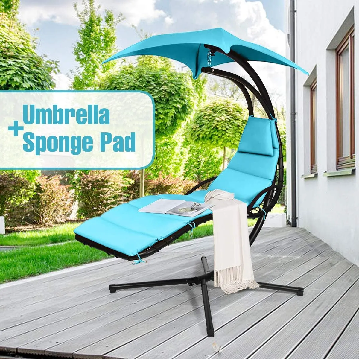 Weatherproof Replacement Cushion Pad and Umbrella for Hanging Lounge Chair Outdoor Chaise Hanging Hammock Chair - Long-Lasting, Fade-Resistant, Quick-Dry, Outdoor Lounge Replacement Set (Light Blue)
