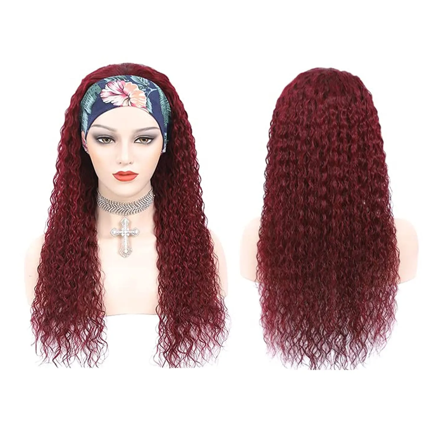 WENYAN 99J Burgundy Headband Wig Human Hair Deep Wave 18 Inch Red Colored Curly Headband Wigs for Black Women Human Hair Glueless None Lace Front Wigs Brazilian Virgin Hair Wig 150% Density