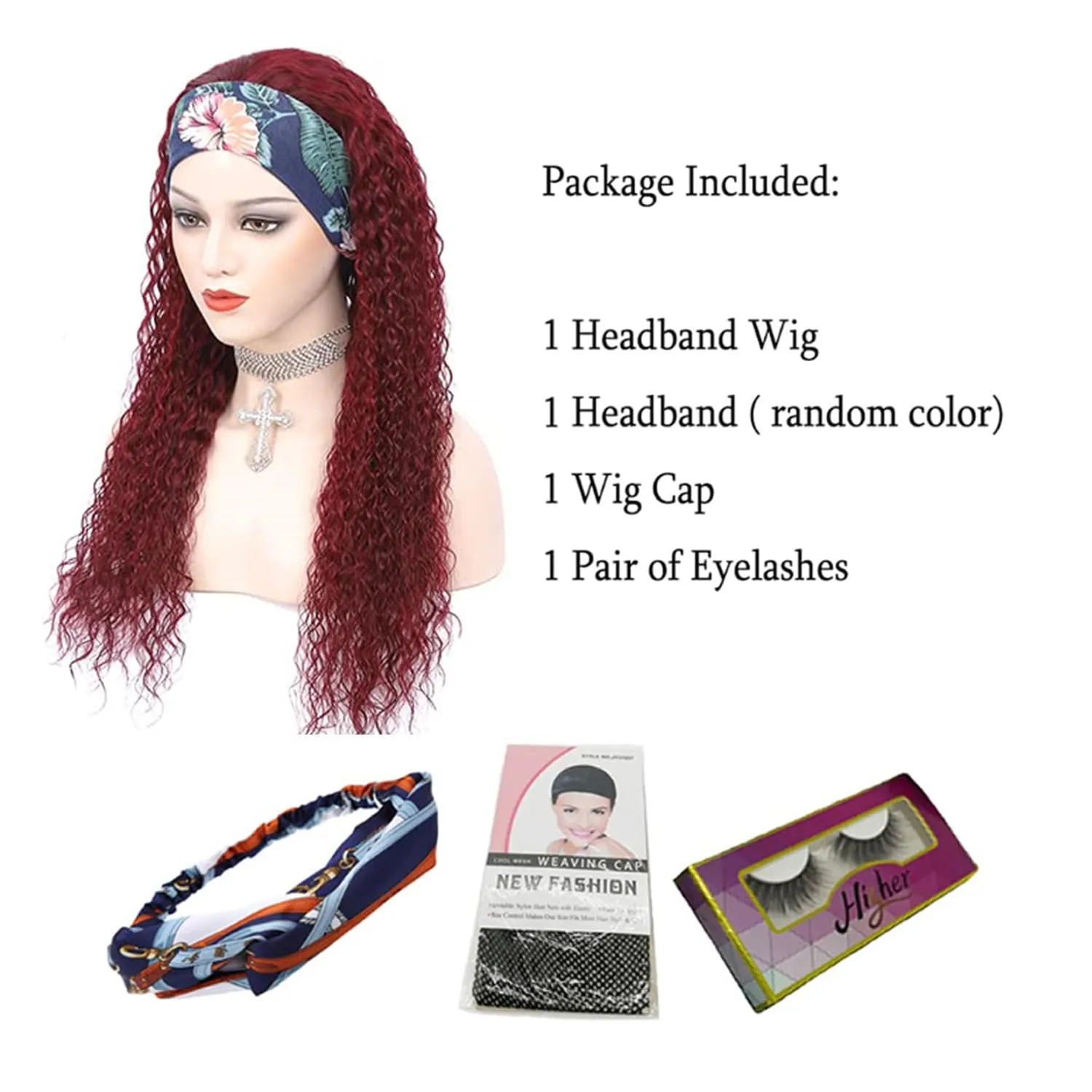 WENYAN 99J Burgundy Headband Wig Human Hair Deep Wave 18 Inch Red Colored Curly Headband Wigs for Black Women Human Hair Glueless None Lace Front Wigs Brazilian Virgin Hair Wig 150% Density
