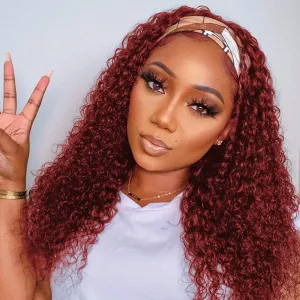 WENYAN 99J Burgundy Headband Wig Human Hair Deep Wave 18 Inch Red Colored Curly Headband Wigs for Black Women Human Hair Glueless None Lace Front Wigs Brazilian Virgin Hair Wig 150% Density