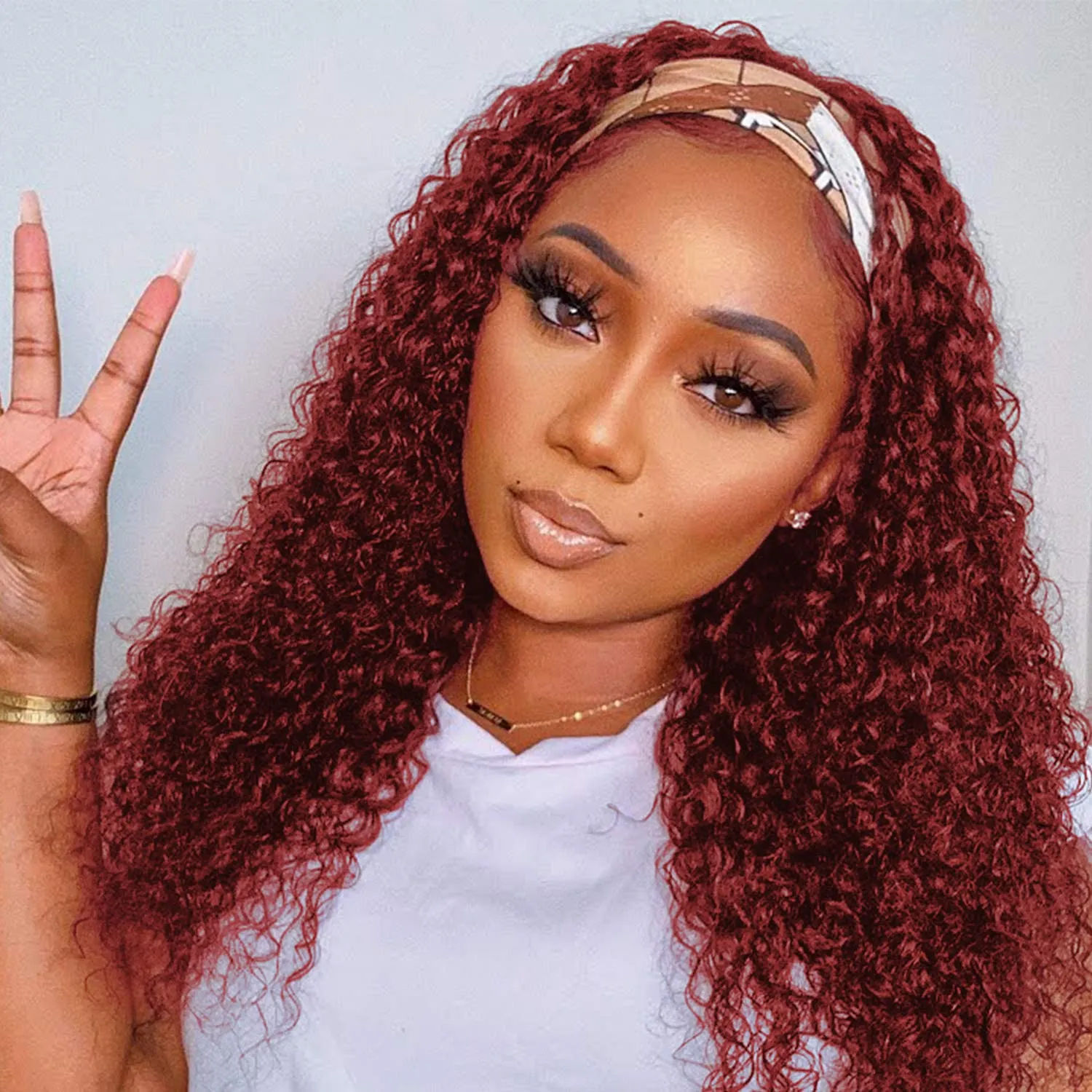 WENYAN 99J Burgundy Headband Wig Human Hair Deep Wave 18 Inch Red Colored Curly Headband Wigs for Black Women Human Hair Glueless None Lace Front Wigs Brazilian Virgin Hair Wig 150% Density