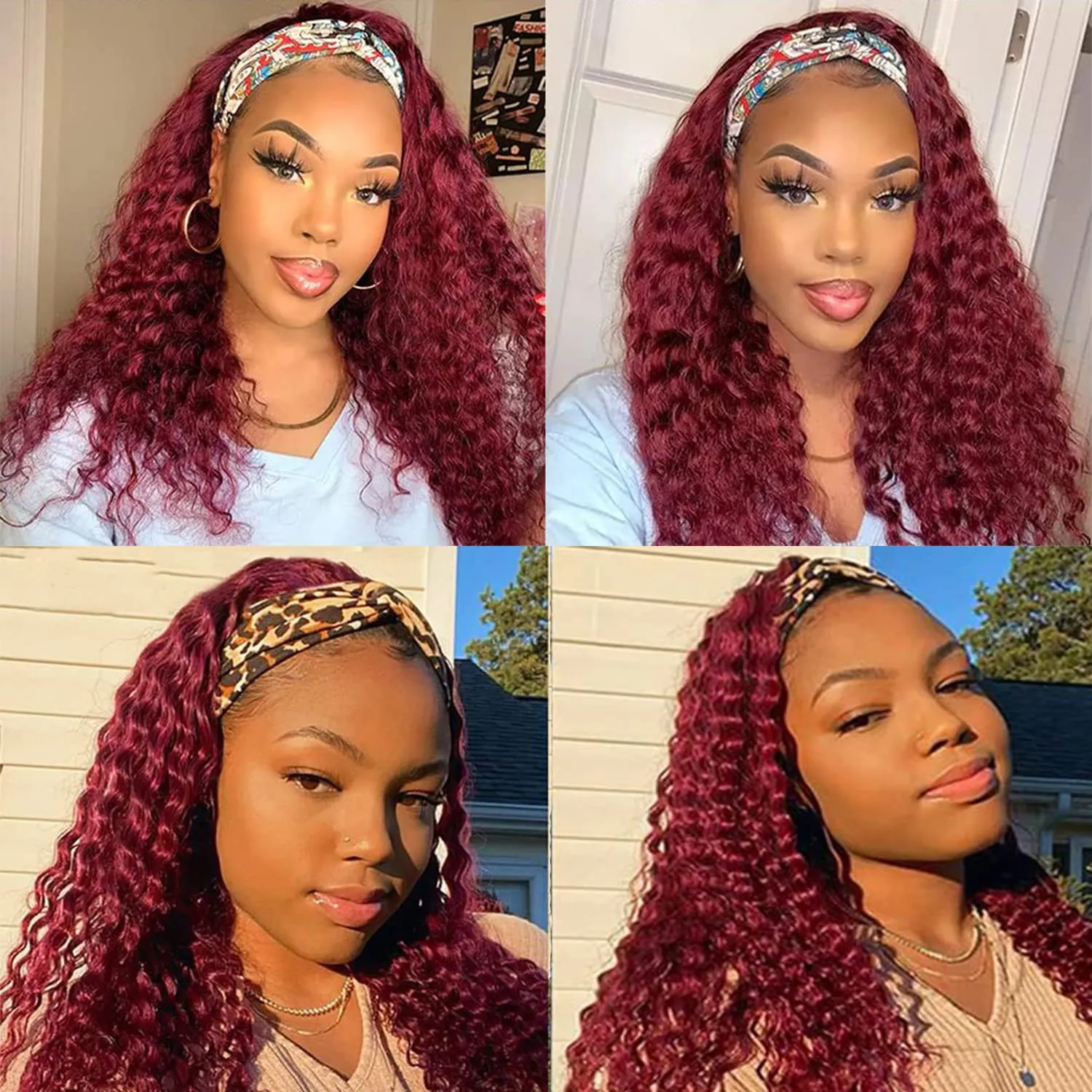 WENYAN 99J Burgundy Headband Wig Human Hair Deep Wave 18 Inch Red Colored Curly Headband Wigs for Black Women Human Hair Glueless None Lace Front Wigs Brazilian Virgin Hair Wig 150% Density