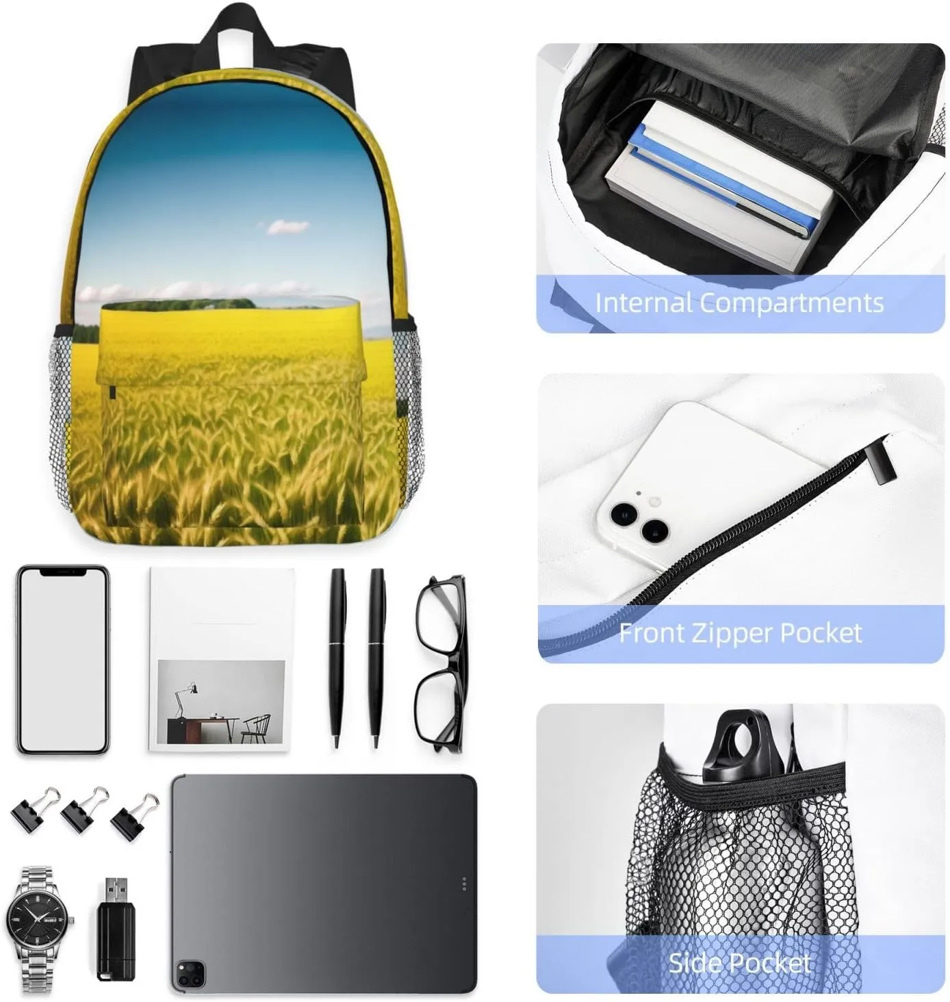 Wheat Field Pattern Backpack Lightweight Casual Backpack Double Shoulder Bag Travel Daypack With Laptop Compartmen