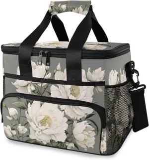 White Camellia Retro Flower Cooler Bag Insulated Cooler Soft Sided Cooler 24 Can Portable Picnic Bag Large Leakproof Lunch Bag Box for Beach Grocery Camping Travel Car Men Women