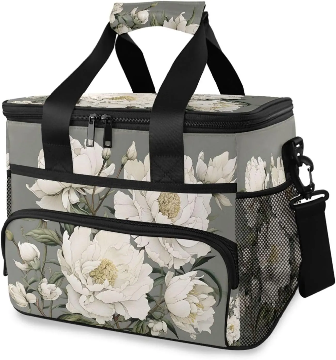 White Camellia Retro Flower Cooler Bag Insulated Cooler Soft Sided Cooler 24 Can Portable Picnic Bag Large Leakproof Lunch Bag Box for Beach Grocery Camping Travel Car Men Women