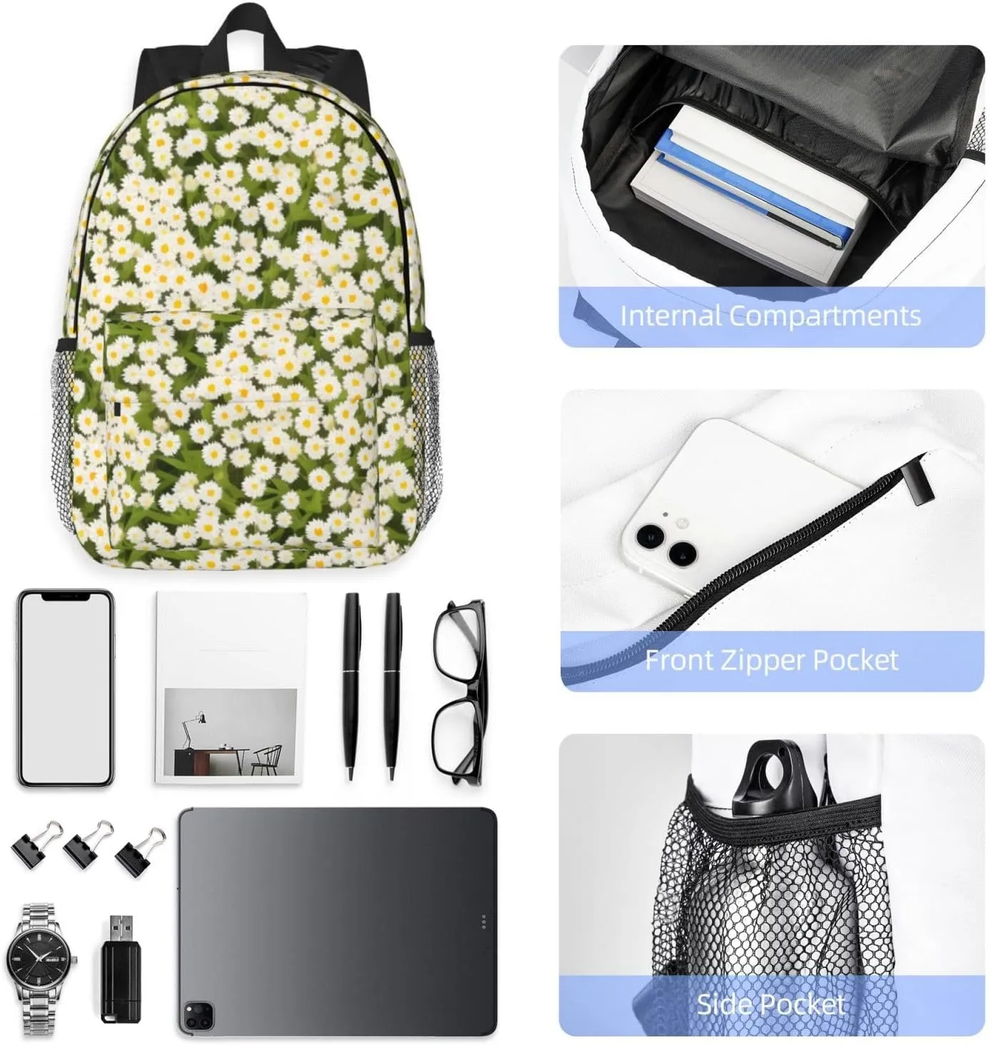 White Daisies Backpack Lightweight Casual Backpack Double Shoulder Bag Travel Daypack With Laptop Compartmen