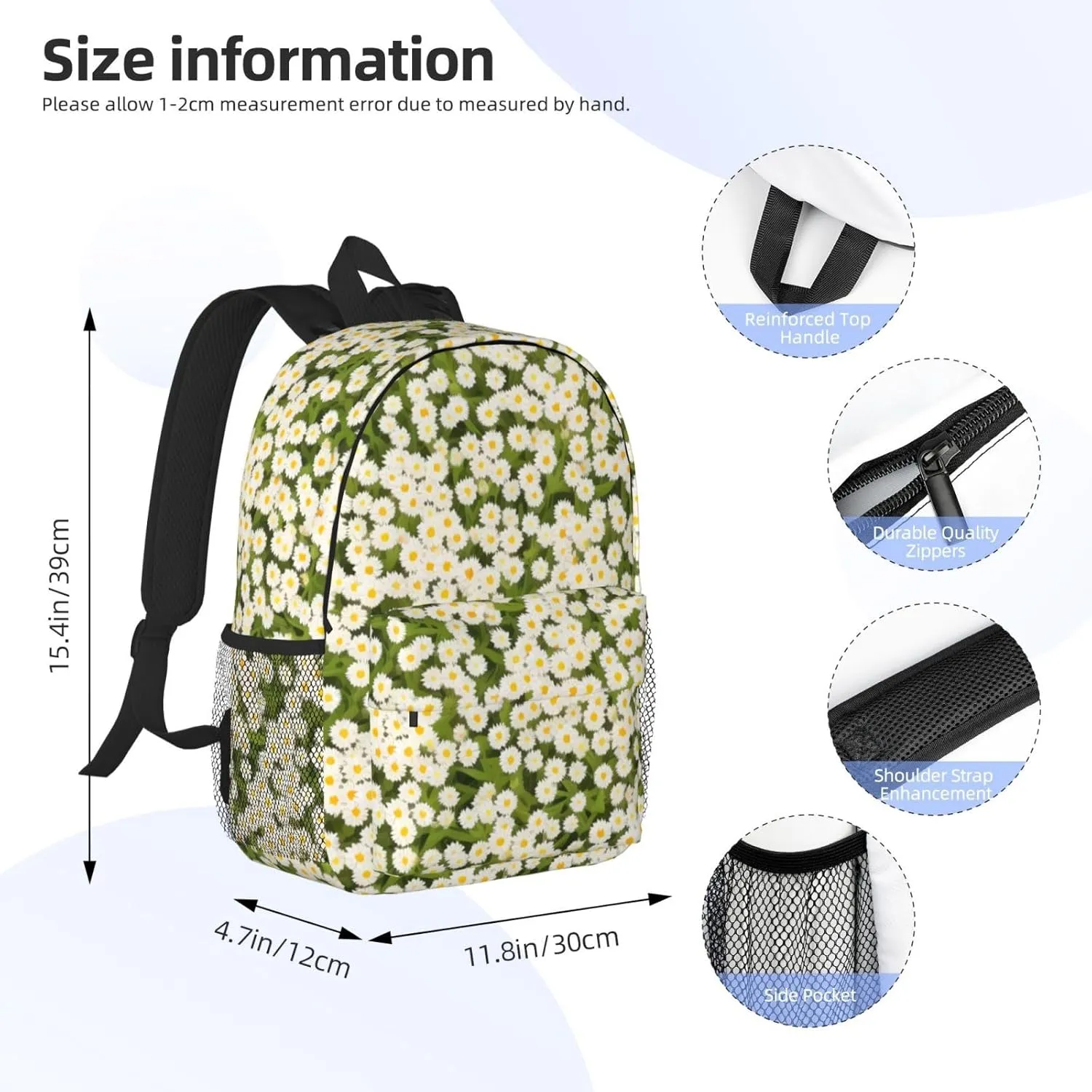White Daisies Backpack Lightweight Casual Backpack Double Shoulder Bag Travel Daypack With Laptop Compartmen