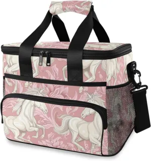 White Horse Pink Rose Unicorn Cooler Bag Insulated Cooler Soft Sided Cooler 24 Can Portable Picnic Bag Large Leakproof Lunch Bag Box for Beach Grocery Camping Travel Car Men Women
