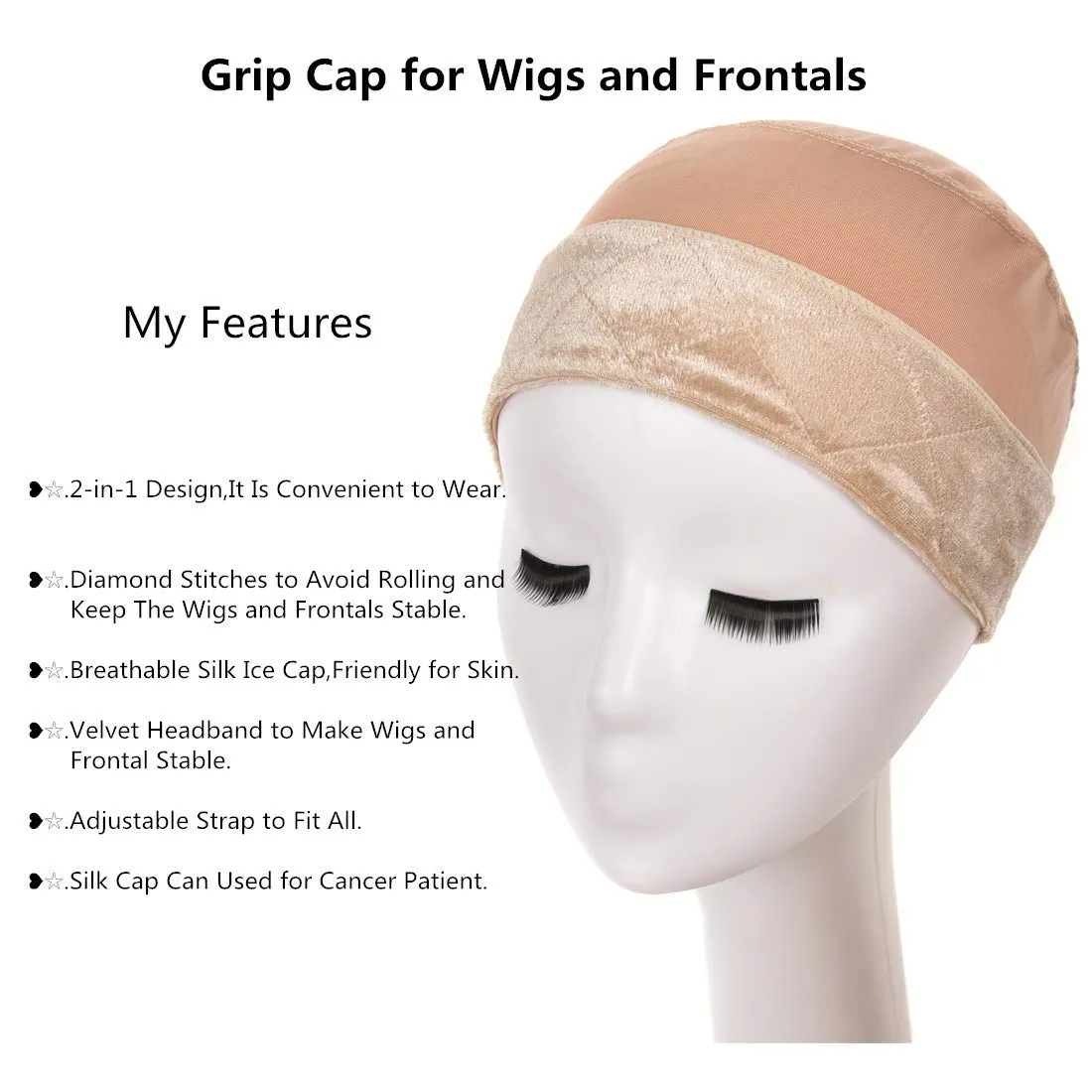 Wig Grip Cap Wig Grip Band with Cap for Women 2-in-1 Wig Grip Band Plus Wig Cap for Lace Wigs and Frontal No-Slip Comfort Velvet Adjustable Wig Grip Cap (Light Brown)