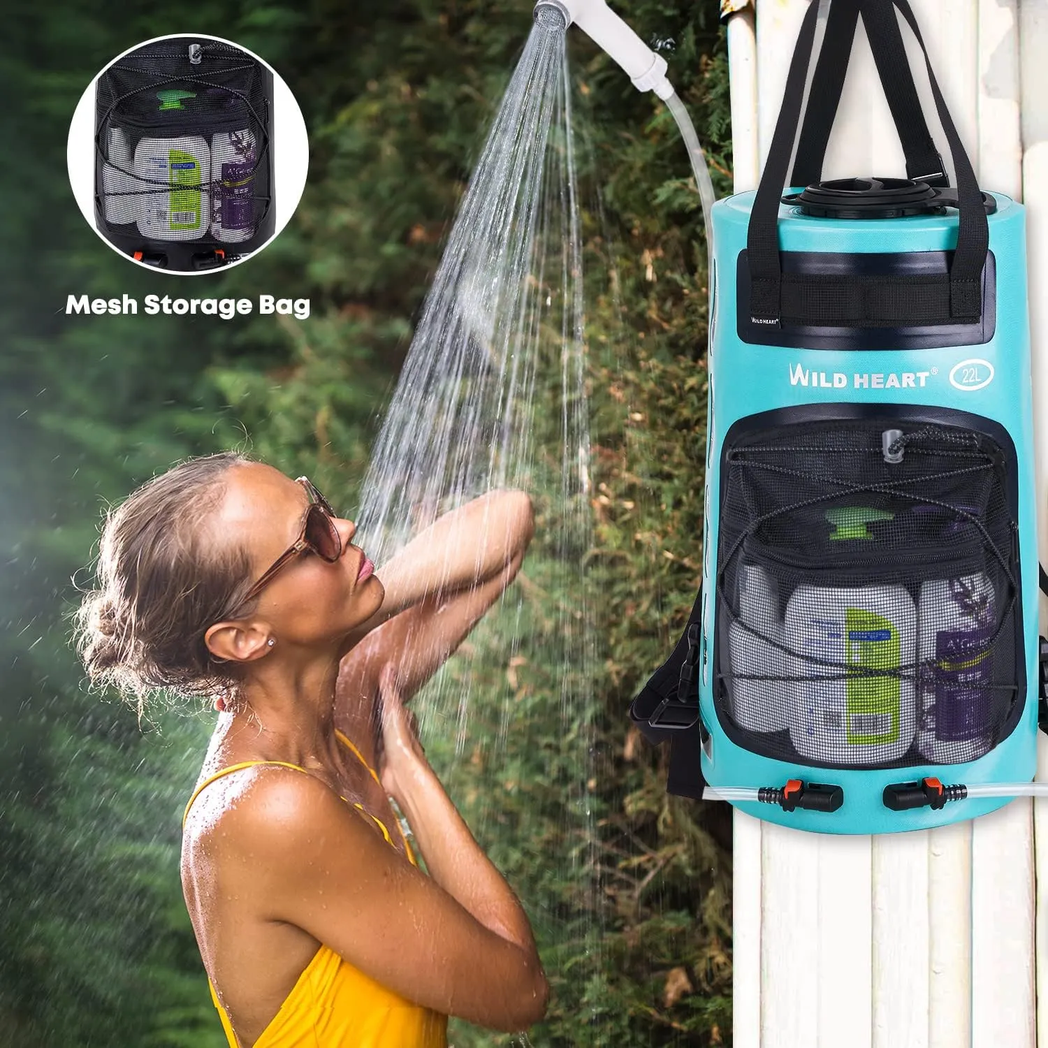 WILD HEART Camping Shower 22L/ 12L Portable Shower for Camping with Pressure Foot Pump and Hose - Solar Shower Bag Backpack for Camping, Road Trip & Outdoor Use