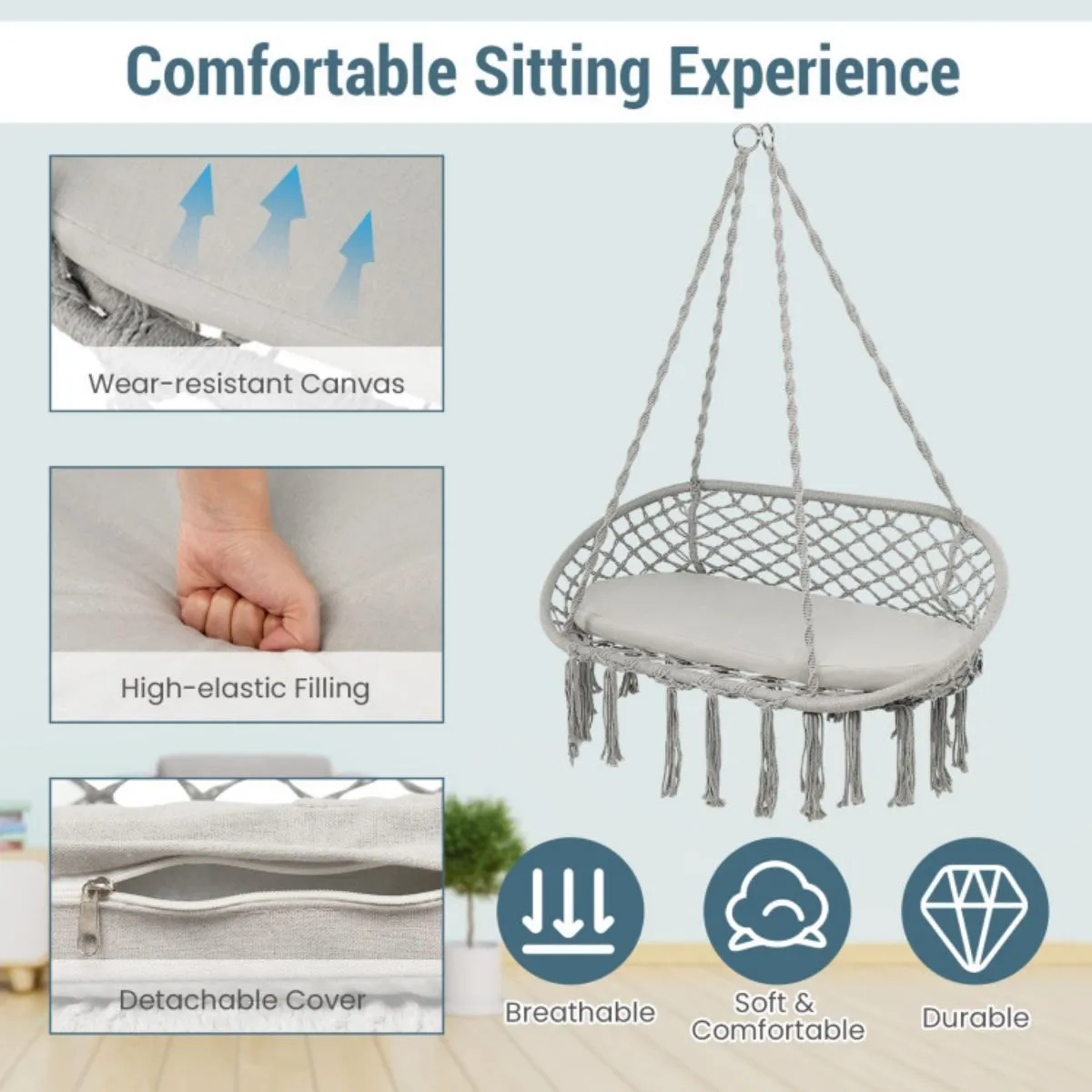 with 2 Hanging Swing Cushion Person Popular pick Hammock Macrame Well-tested Chair
