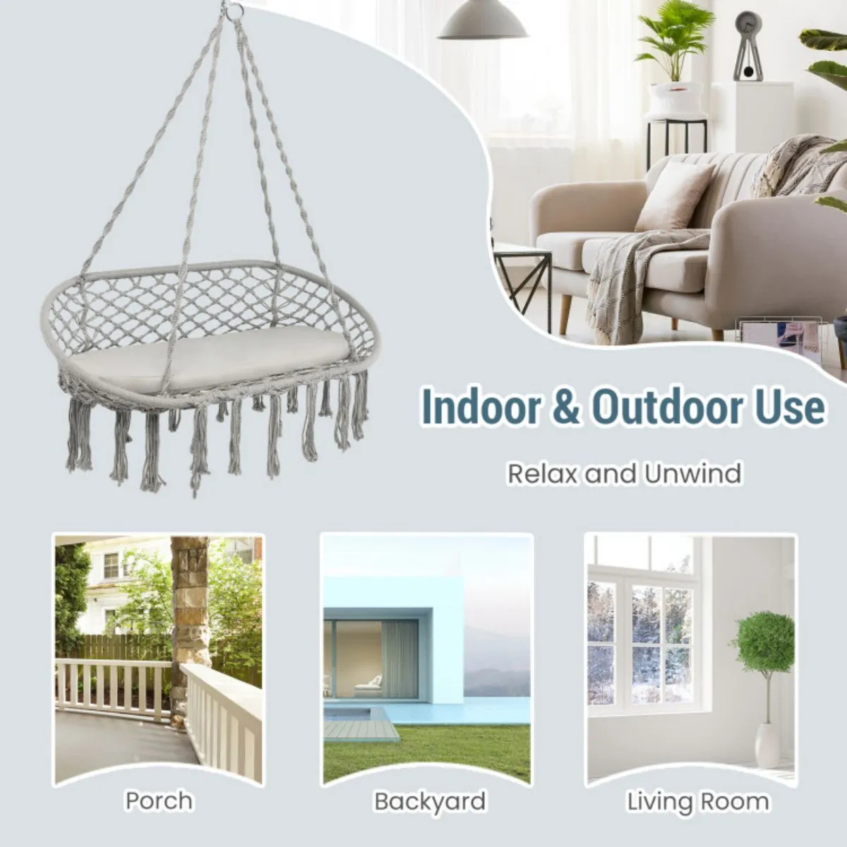 with 2 Hanging Swing Cushion Person Popular pick Hammock Macrame Well-tested Chair