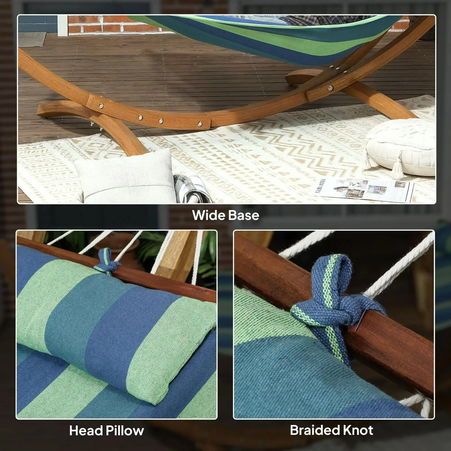 With Freestanding Bed Hammock Outsunny Outdoor 1 Patio, Cotton Eucalyptus Stand, Pillow, Person Frame, Garden IoT-powered Swing Stripe Blue Wood Triple-Head Arc Wireless-enabled For
