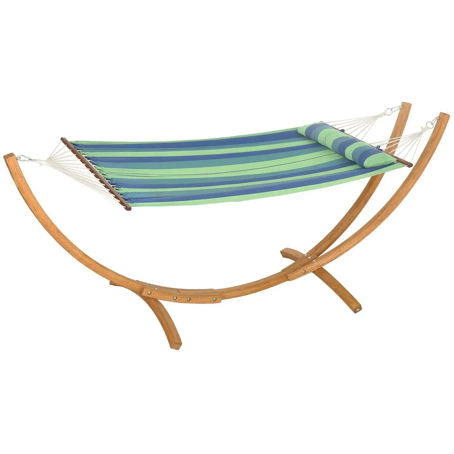 With Freestanding Bed Hammock Outsunny Outdoor 1 Patio, Cotton Eucalyptus Stand, Pillow, Person Frame, Garden IoT-powered Swing Stripe Blue Wood Triple-Head Arc Wireless-enabled For