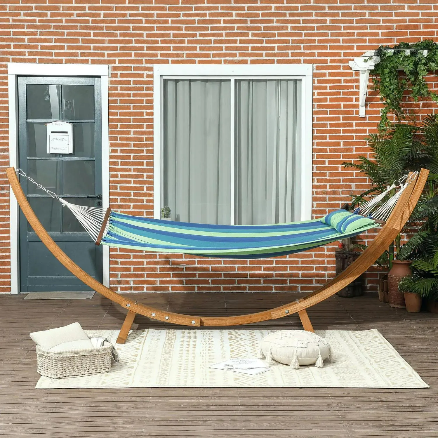With Freestanding Bed Hammock Outsunny Outdoor 1 Patio, Cotton Eucalyptus Stand, Pillow, Person Frame, Garden IoT-powered Swing Stripe Blue Wood Triple-Head Arc Wireless-enabled For