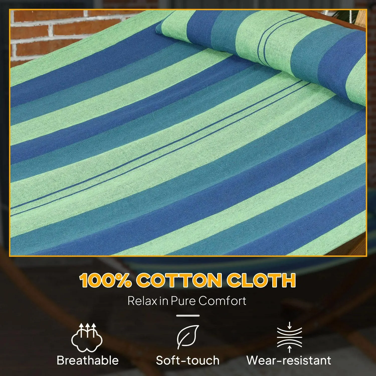 With Freestanding Bed Hammock Outsunny Outdoor 1 Patio, Cotton Eucalyptus Stand, Pillow, Person Frame, Garden IoT-powered Swing Stripe Blue Wood Triple-Head Arc Wireless-enabled For