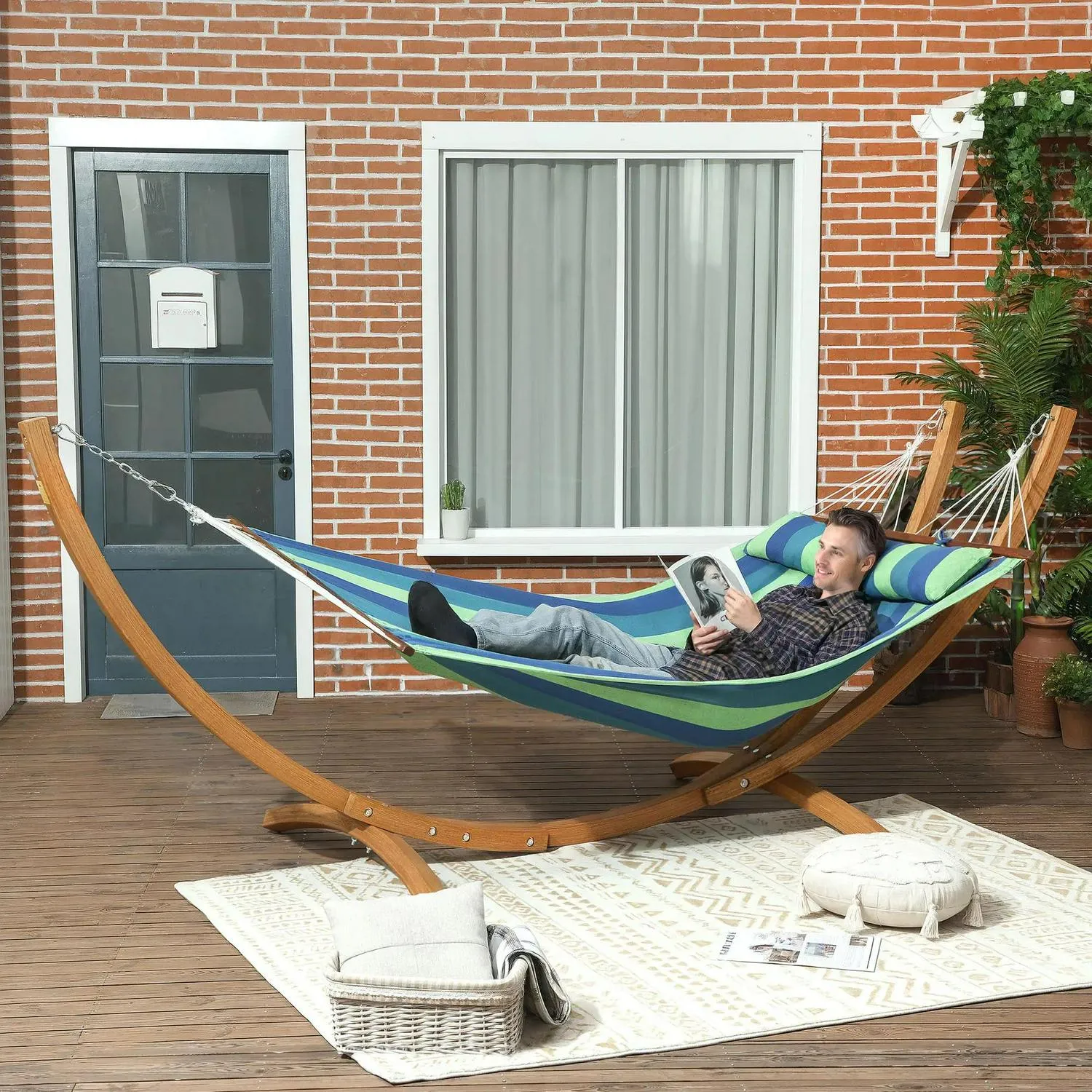 With Freestanding Bed Hammock Outsunny Outdoor 1 Patio, Cotton Eucalyptus Stand, Pillow, Person Frame, Garden IoT-powered Swing Stripe Blue Wood Triple-Head Arc Wireless-enabled For