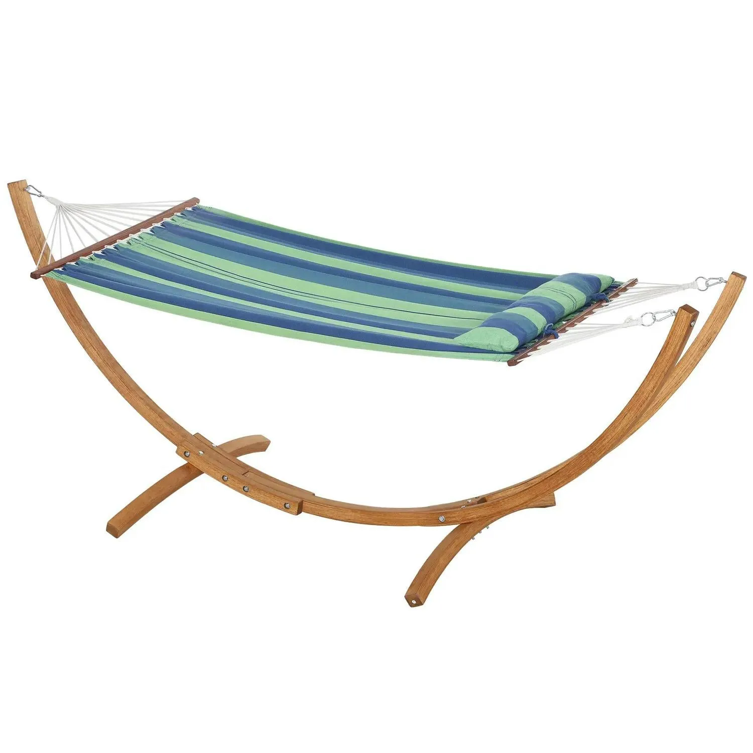 With Freestanding Bed Hammock Outsunny Outdoor 1 Patio, Cotton Eucalyptus Stand, Pillow, Person Frame, Garden IoT-powered Swing Stripe Blue Wood Triple-Head Arc Wireless-enabled For