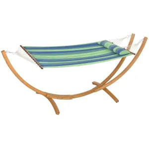 With Freestanding Bed Hammock Outsunny Outdoor 1 Patio, Cotton Eucalyptus Stand, Pillow, Person Frame, Garden IoT-powered Swing Stripe Blue Wood Triple-Head Arc Wireless-enabled For