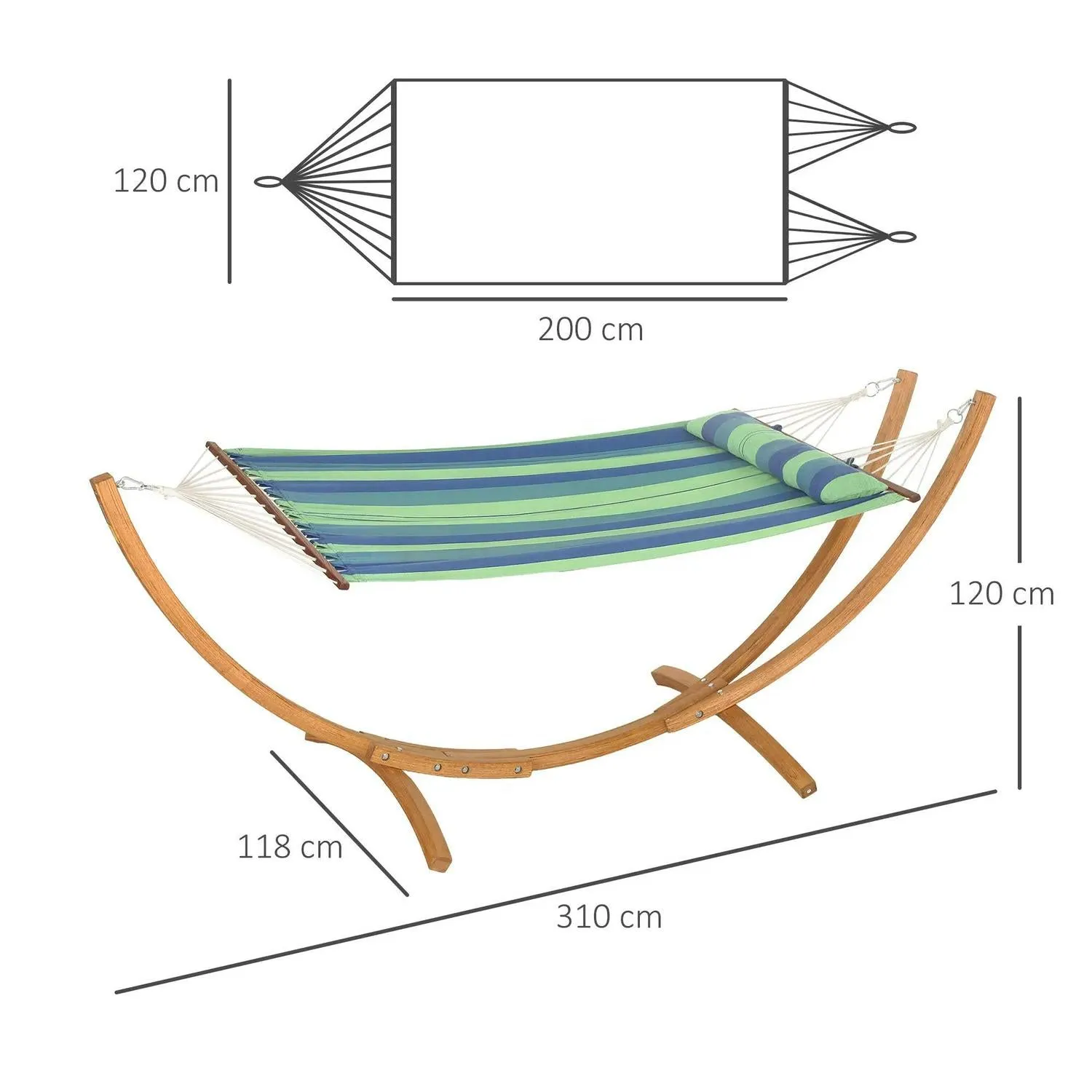 With Freestanding Bed Hammock Outsunny Outdoor 1 Patio, Cotton Eucalyptus Stand, Pillow, Person Frame, Garden IoT-powered Swing Stripe Blue Wood Triple-Head Arc Wireless-enabled For