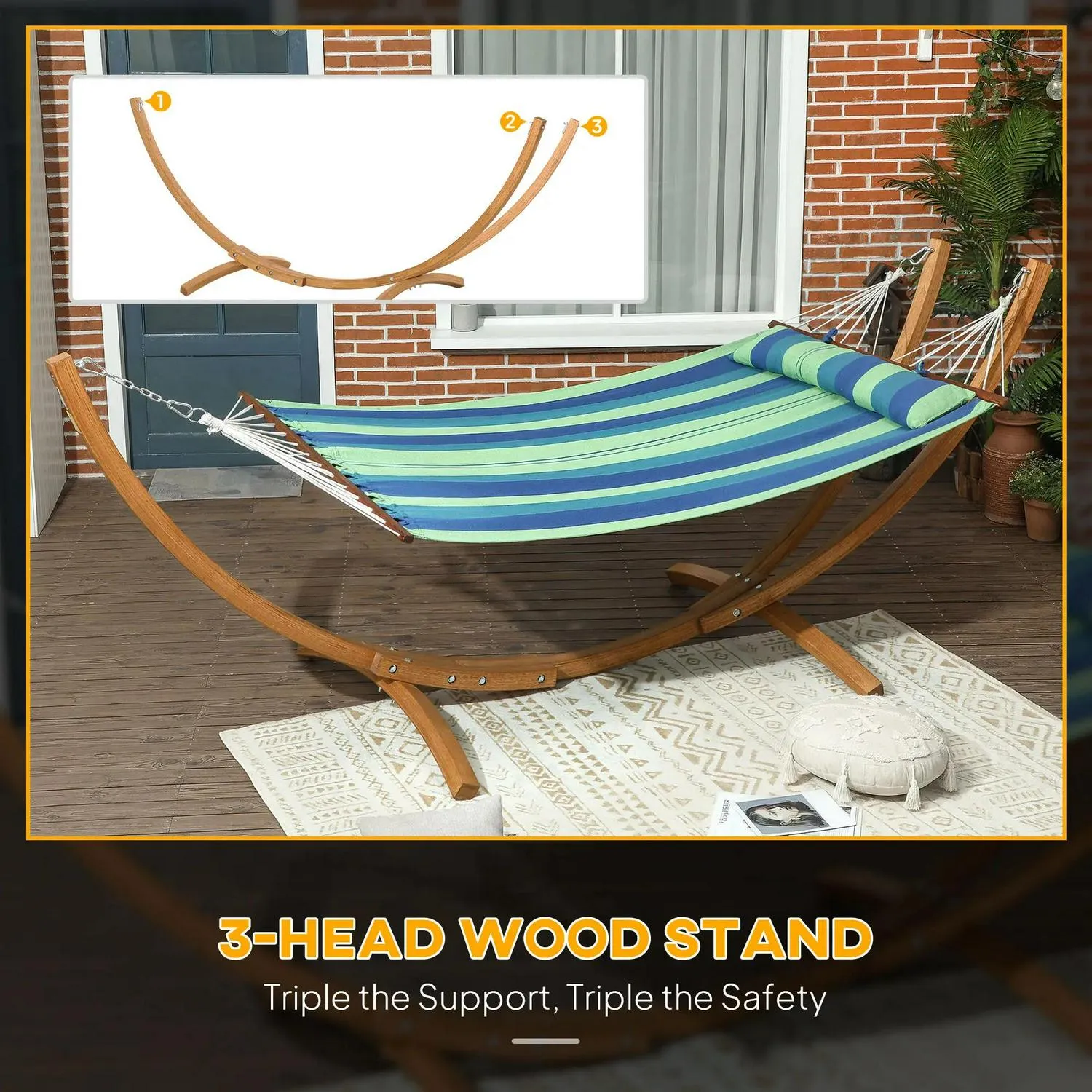 With Freestanding Bed Hammock Outsunny Outdoor 1 Patio, Cotton Eucalyptus Stand, Pillow, Person Frame, Garden IoT-powered Swing Stripe Blue Wood Triple-Head Arc Wireless-enabled For