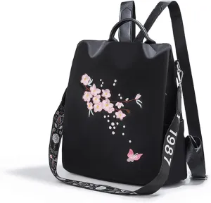 Women Backpack Purse, Fashion Embroidery Daypack Shoulder Bag Crossbody Bag for Work Business Travel Outdoor Camping Cycling Ladies Men Lightweight (Black)