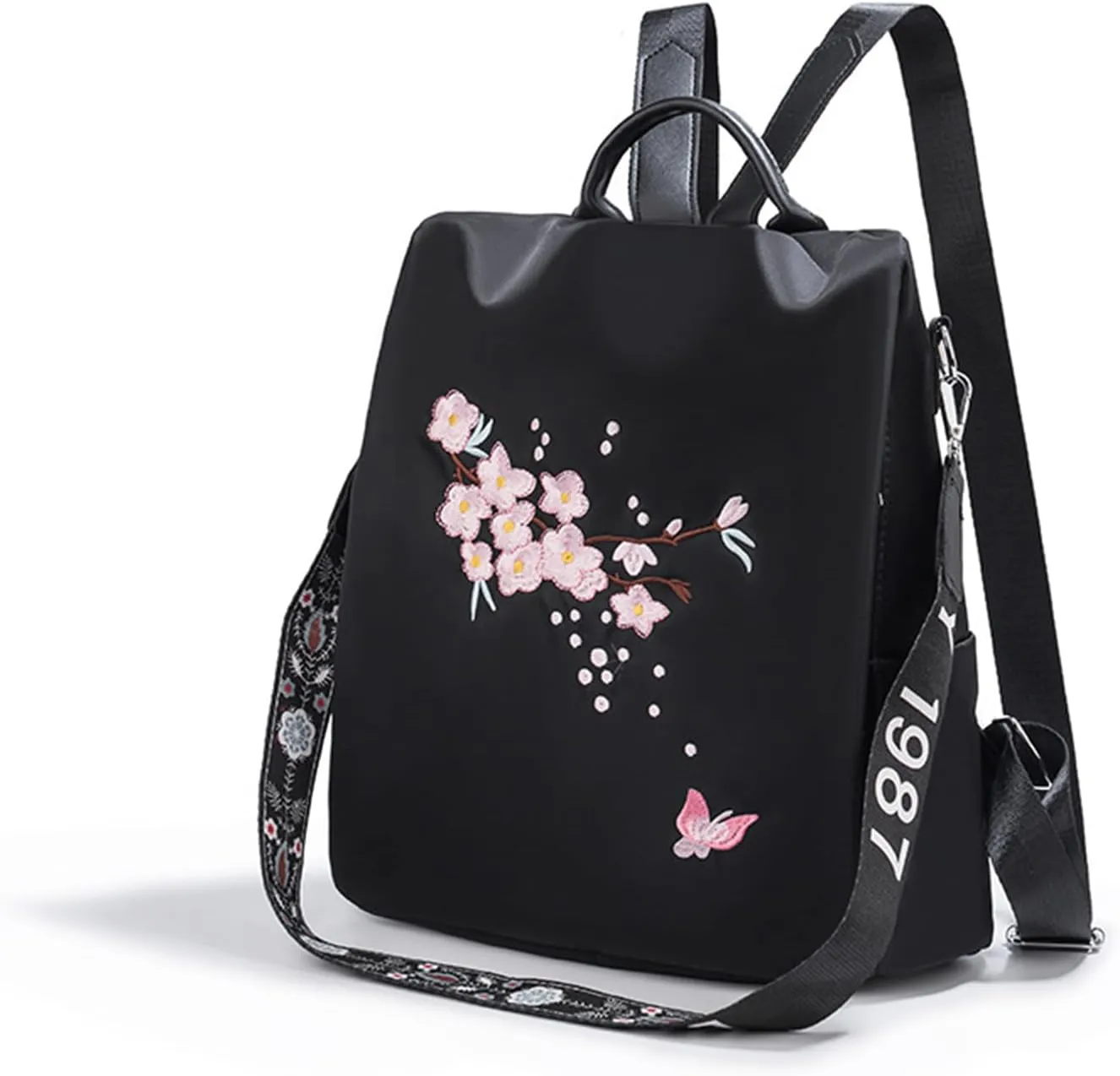 Women Backpack Purse, Fashion Embroidery Daypack Shoulder Bag Crossbody Bag for Work Business Travel Outdoor Camping Cycling Ladies Men Lightweight (Black)