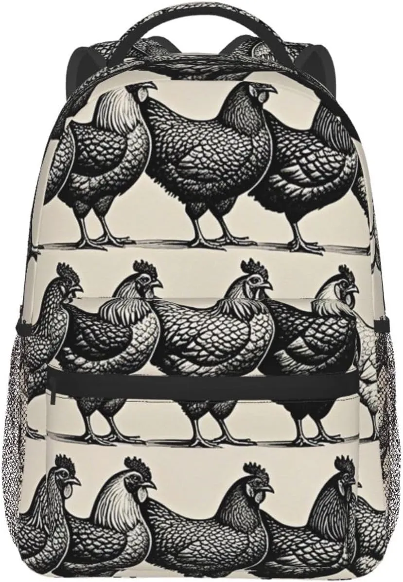 Women Men Polyester Chicken Rooster Black Art Casual Daypack Large Capacity Bookbag With Side Pockets for Sports Picnic Walking Cycling