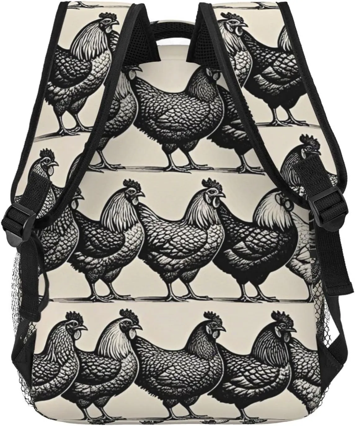Women Men Polyester Chicken Rooster Black Art Casual Daypack Large Capacity Bookbag With Side Pockets for Sports Picnic Walking Cycling